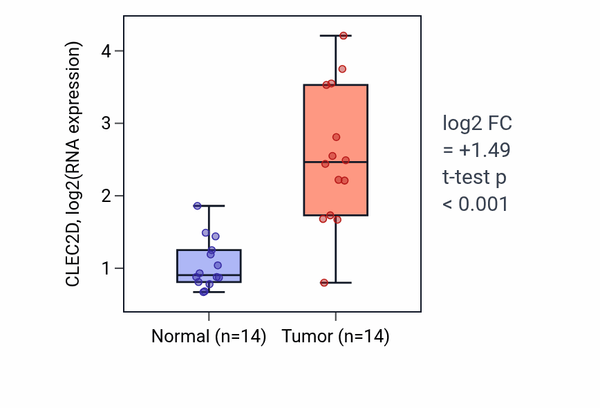 Tumor-vs-normal expression box plot for CLEC2D in KIRC.