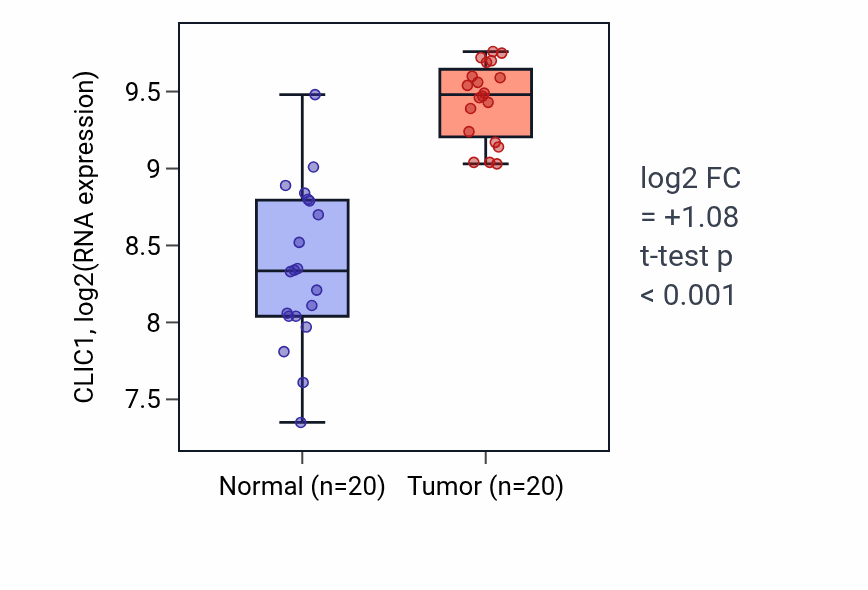 Tumor-vs-normal expression box plot for CLIC1 in KIRC.