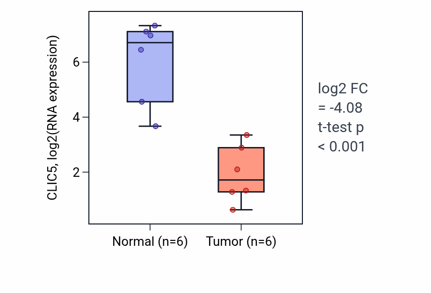 Tumor-vs-normal expression box plot for CLIC5 in KIRC.