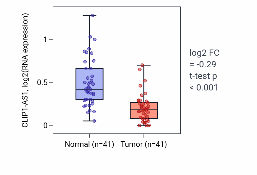 Tumor-vs-normal expression box plot for CLIP1-AS1 in THCA.