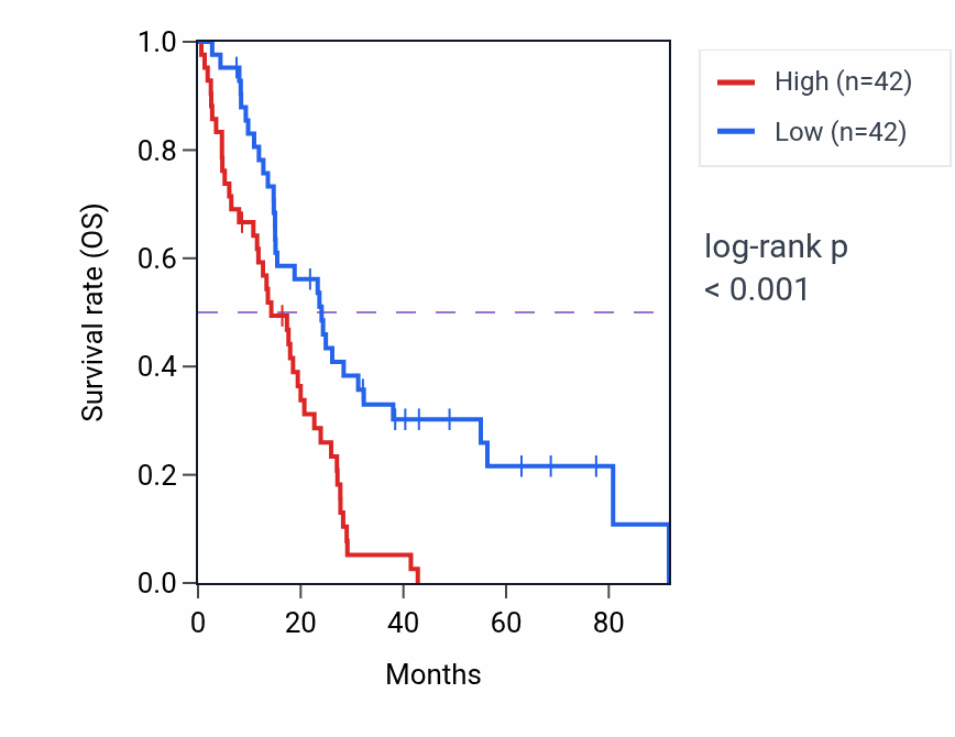 Kaplan&ndash;Meier survival curve for CLIP2 RNA expression in MESO: high vs low expression groups.
