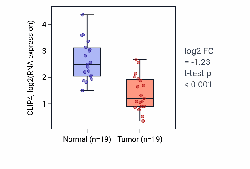 Tumor-vs-normal expression box plot for CLIP4 in COAD.