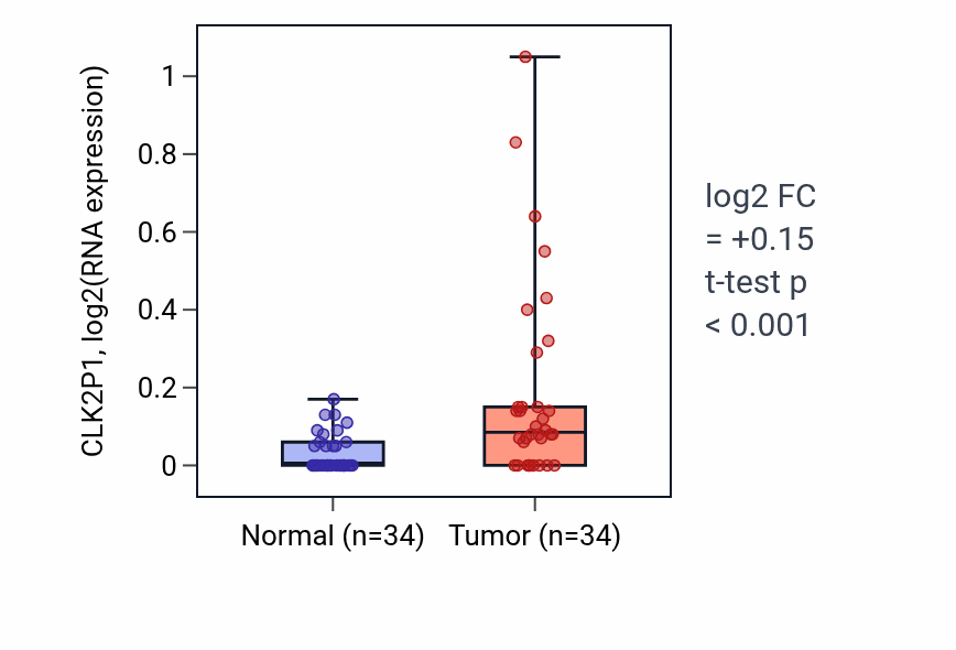 Tumor-vs-normal expression box plot for CLK2P1 in COAD.