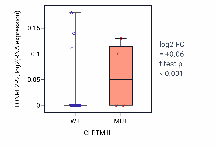 Box plot of LONRF2P2 in CLPTM1L-low vs CLPTM1L-high samples in LUSC.