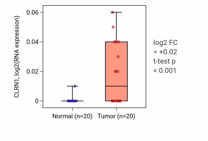Tumor-vs-normal expression box plot for CLRN1 in KIRC.