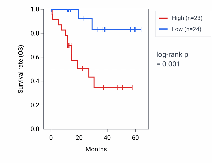 Kaplan&ndash;Meier survival curve for CMAS mass-spec protein-high vs -low samples in LUAD.