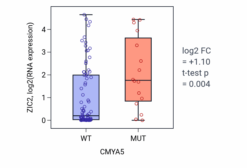 Box plot of ZIC2 in CMYA5-low vs CMYA5-high samples in BLOOD_Leukemia.