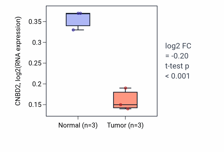Tumor-vs-normal expression box plot for CNBD2 RNA in THCA.