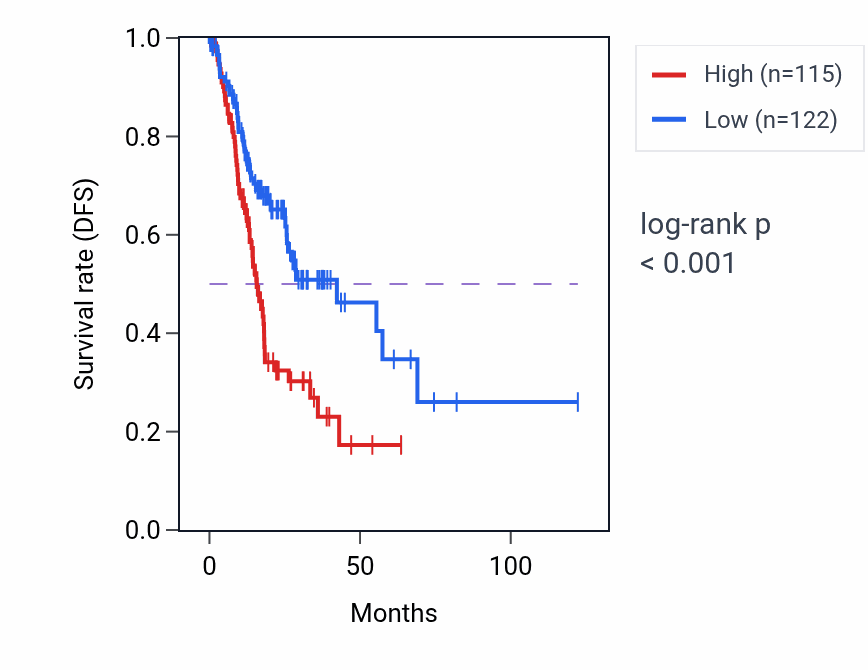 Kaplan&ndash;Meier survival curve for CNGB3 RNA expression in STAD: high vs low expression groups.