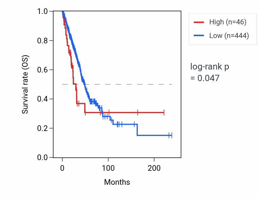 Kaplan&ndash;Meier survival curve for CNN2P2 RNA expression in LUAD: high vs low expression groups.