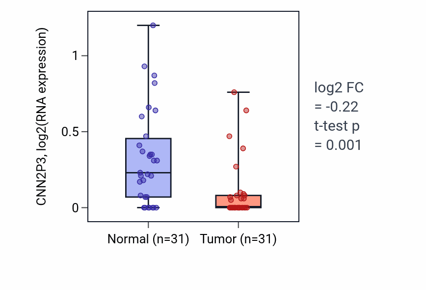 Tumor-vs-normal expression box plot for CNN2P3 RNA in KIRP.