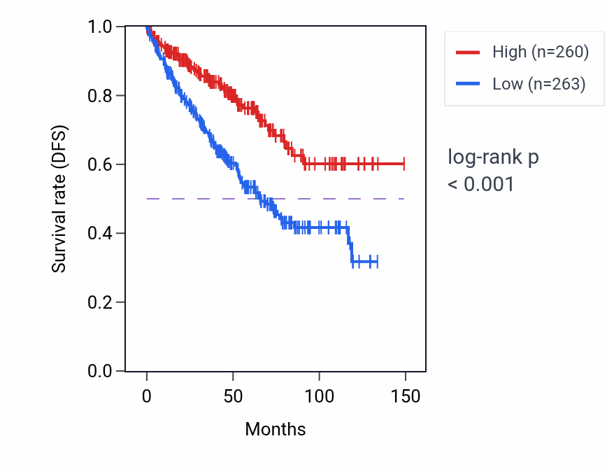 Kaplan&ndash;Meier survival curve for CNNM2 RNA expression in KIRC: high vs low expression groups.