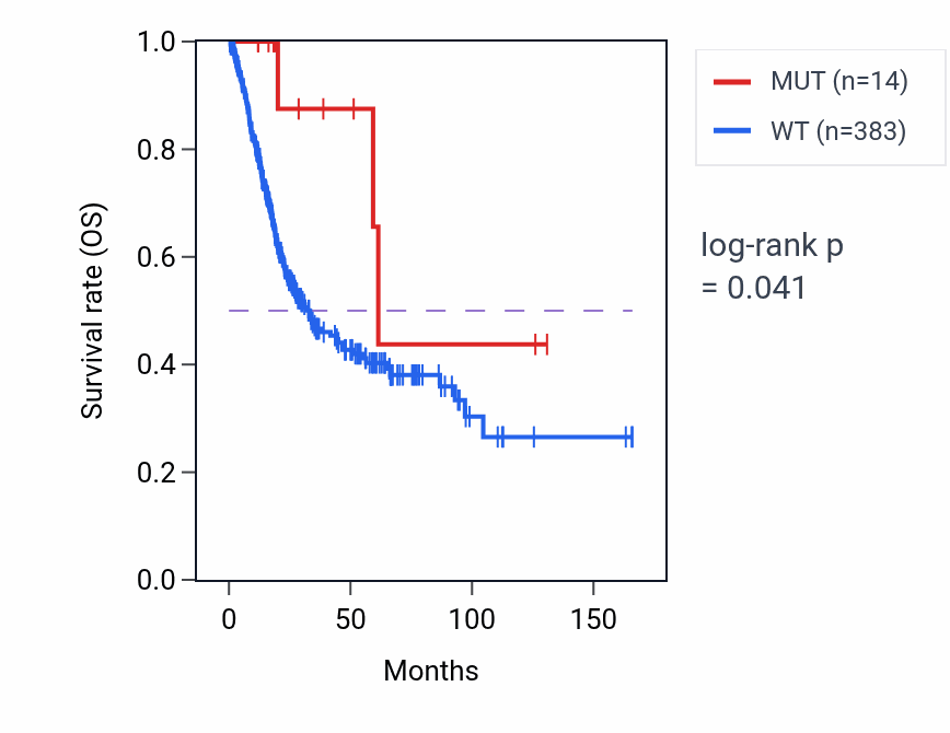 Kaplan&ndash;Meier survival curve for CNNM2 mutant vs wild-type samples in BLCA.