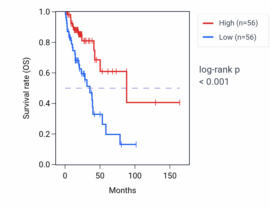 Kaplan&ndash;Meier survival curve for CNNM3-DT RNA expression in LUAD: high vs low expression groups.