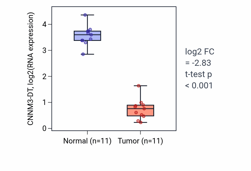 Tumor-vs-normal expression box plot for CNNM3-DT in KICH.