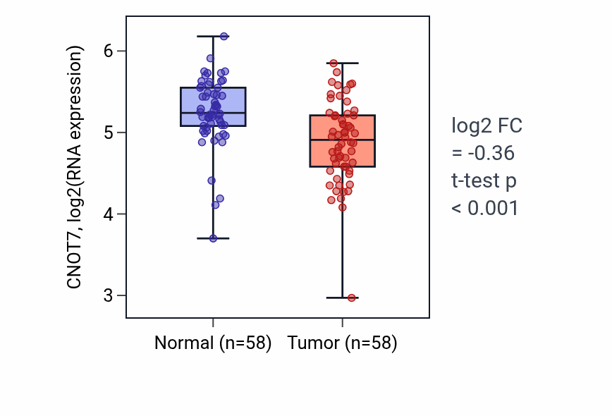 Tumor-vs-normal expression box plot for CNOT7 in THCA.