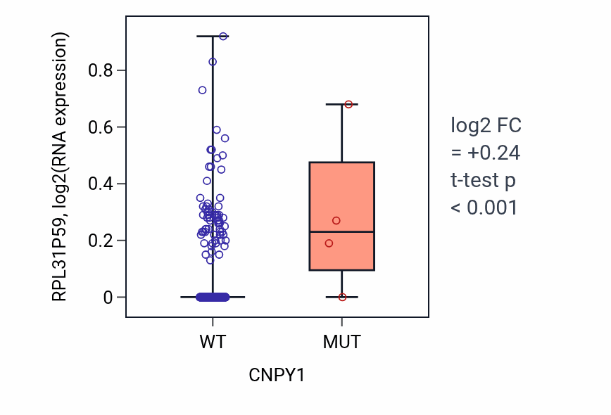 Box plot of RPL31P59 in CNPY1-low vs CNPY1-high samples in LUSC.