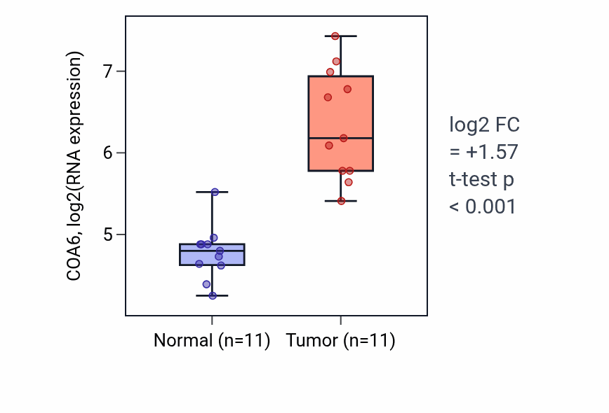 Tumor-vs-normal expression box plot for COA6 RNA in HNSC.
