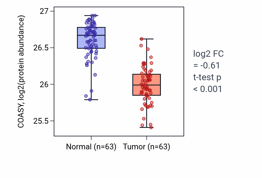 Tumor-vs-normal mass-spec protein box plot for COASY in CCRCC.