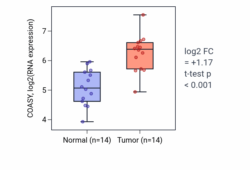 Tumor-vs-normal expression box plot for COASY RNA in BLCA.