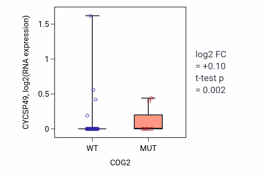 Box plot of CYCSP49 in COG2-low vs COG2-high samples in COAD.