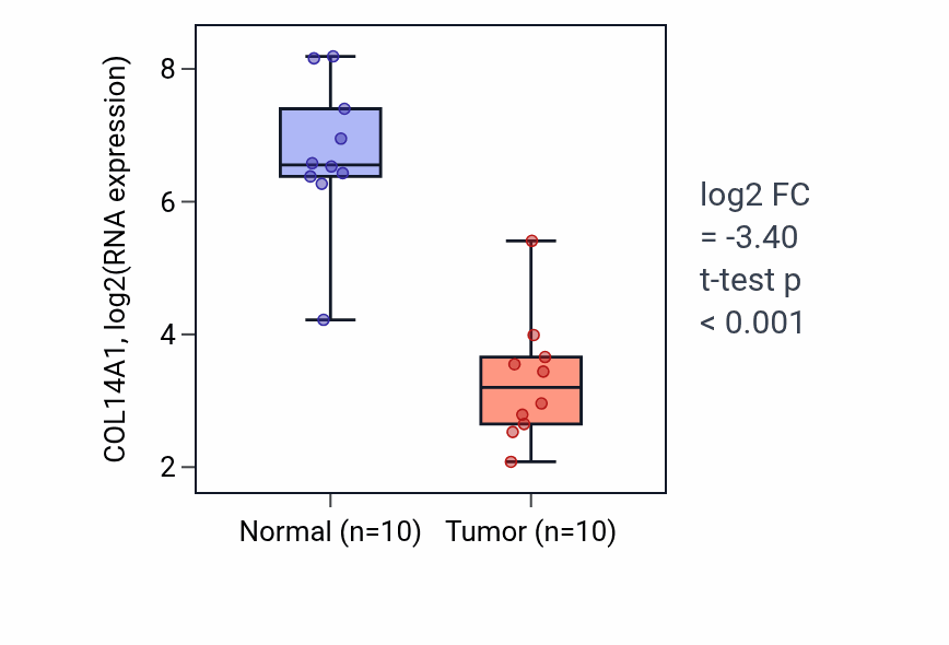 Tumor-vs-normal expression box plot for COL14A1 in BLCA.