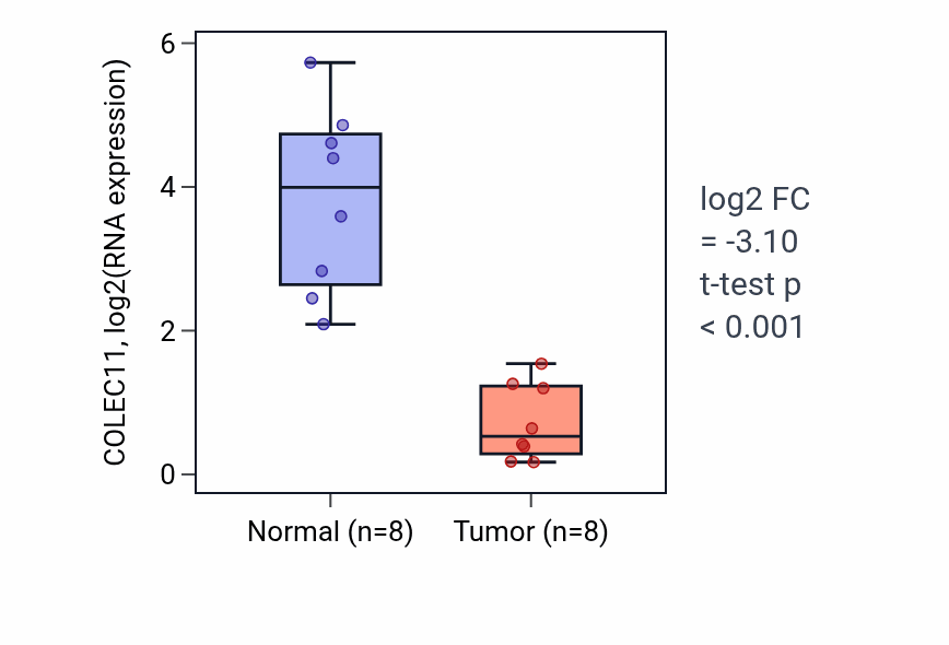 Tumor-vs-normal expression box plot for COLEC11 RNA in KICH.