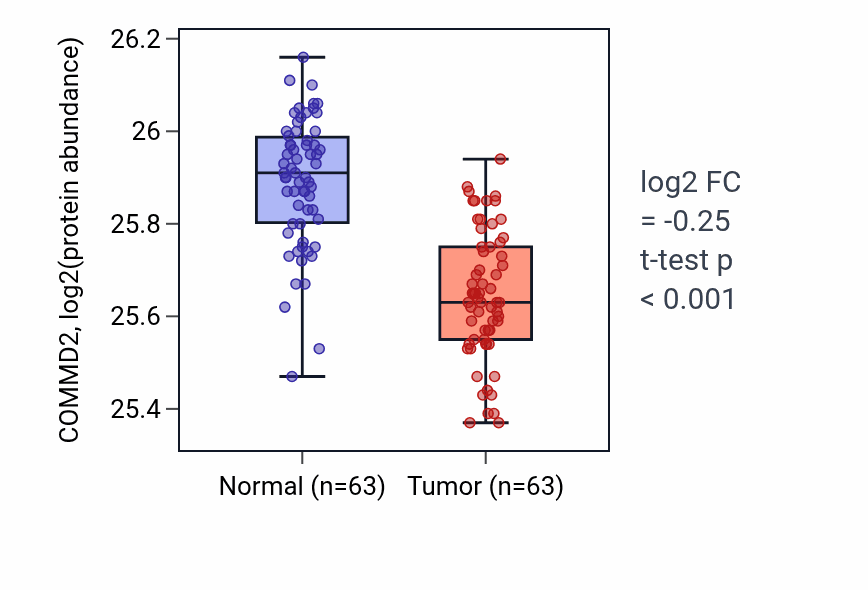 Tumor-vs-normal mass-spec protein box plot for COMMD2 in CCRCC.