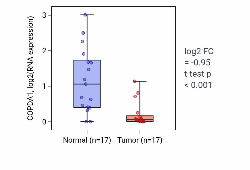 Tumor-vs-normal expression box plot for COPDA1 RNA in THCA.