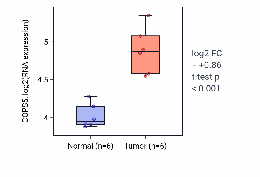 Tumor-vs-normal expression box plot for COPS5 in HNSC.