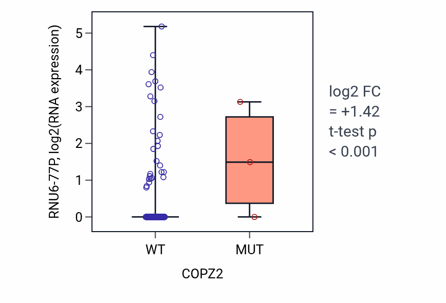 Box plot of RNU6-77P in COPZ2-low vs COPZ2-high samples in LUSC.