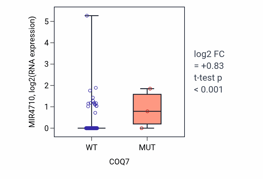 Box plot of MIR4710 in COQ7-low vs COQ7-high samples in COAD.