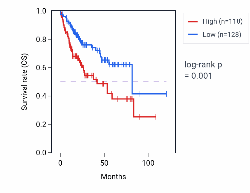 Kaplan&ndash;Meier survival curve for CORIN RNA expression in LIHC: high vs low expression groups.