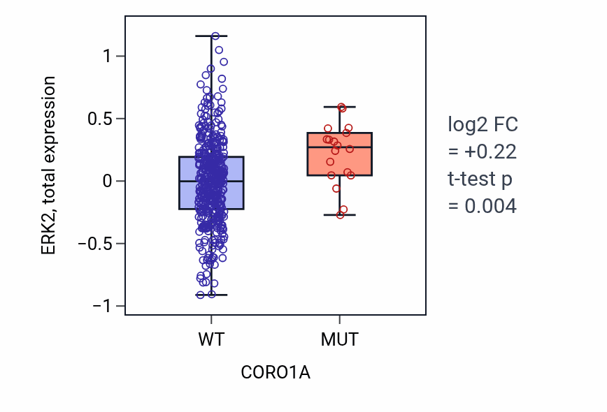 Box plot of ERK2 in CORO1A-low vs CORO1A-high samples in UCEC.