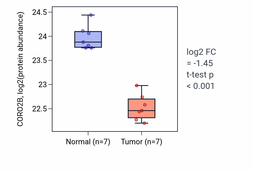 Tumor-vs-normal mass-spec protein box plot for CORO2B in CCRCC.