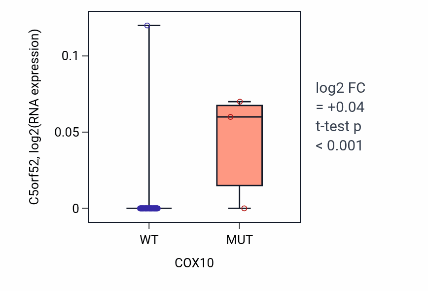 Box plot of C5orf52 in COX10-low vs COX10-high samples in SKIN.