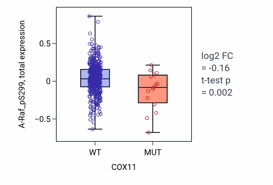 Box plot of A-Raf_pS299 in COX11-low vs COX11-high samples in UCEC.
