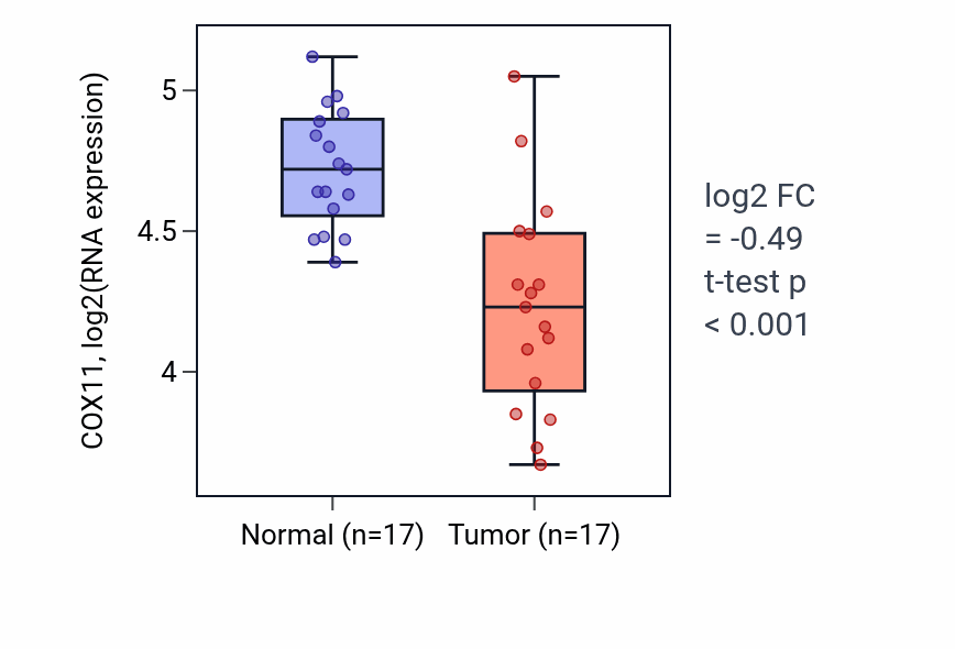 Tumor-vs-normal expression box plot for COX11 RNA in THCA.