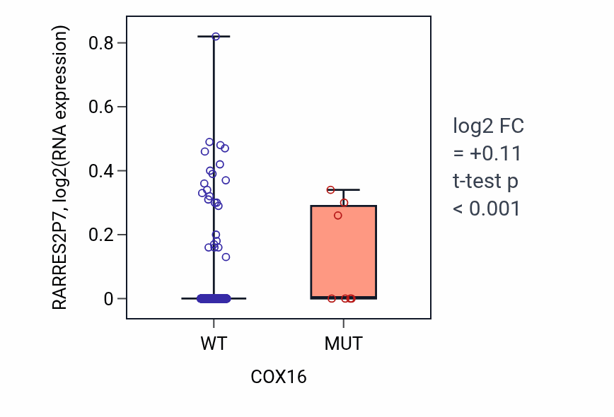 Box plot of RARRES2P7 in COX16-low vs COX16-high samples in UCEC.