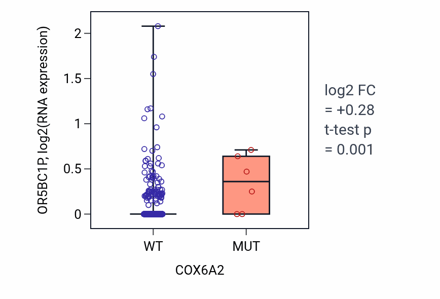 Box plot of OR5BC1P in COX6A2-low vs COX6A2-high samples in UCEC.