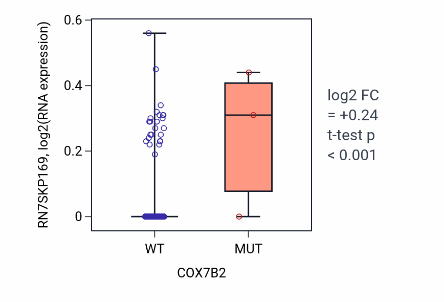 Box plot of RN7SKP169 in COX7B2-low vs COX7B2-high samples in HNSC.