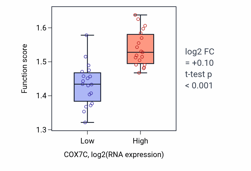 Box plot of Mitochondrial translation in COX7C-low vs COX7C-high samples in BONE.