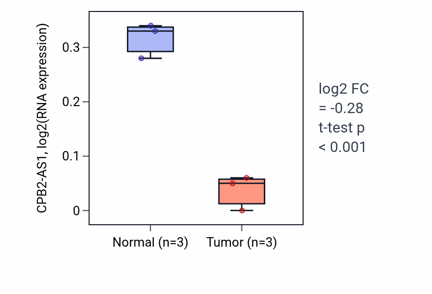 Tumor-vs-normal expression box plot for CPB2-AS1 in KICH.