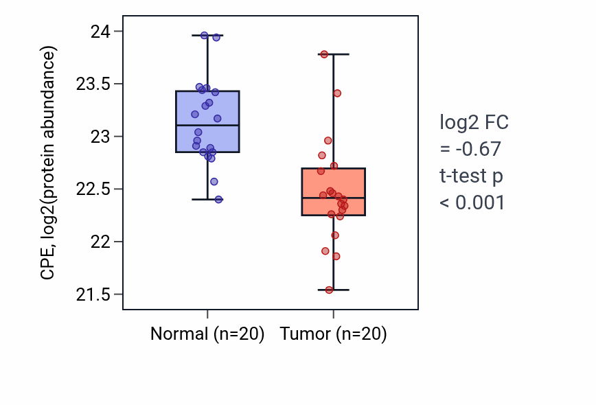 Tumor-vs-normal mass-spec protein box plot for CPE in LSCC.