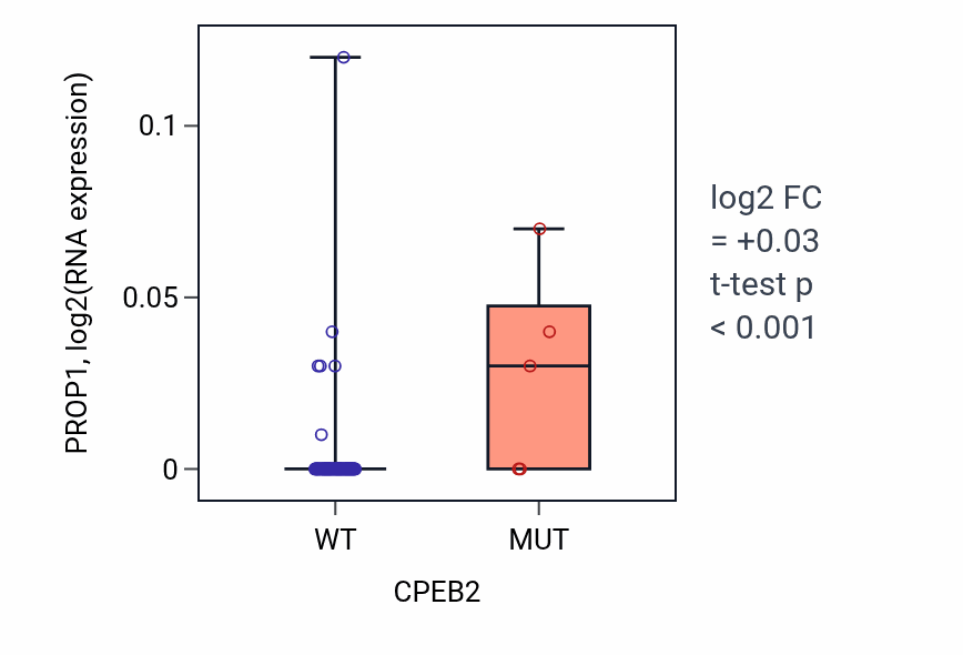 Box plot of PROP1 in CPEB2-low vs CPEB2-high samples in BLOOD_Leukemia.