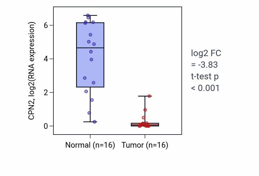 Tumor-vs-normal expression box plot for CPN2 in KIRP.