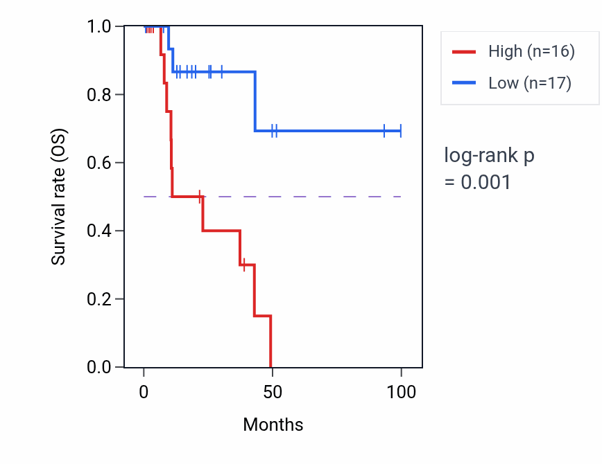 Kaplan&ndash;Meier survival curve for CPNE2 RNA expression in KIRP: high vs low expression groups.