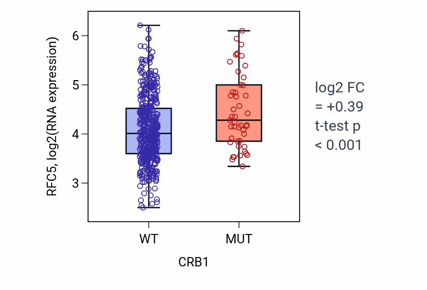 Box plot of RFC5 in CRB1-low vs CRB1-high samples in LUAD.