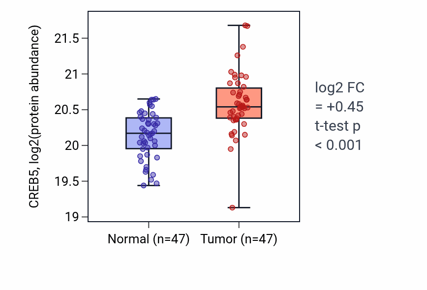 Tumor-vs-normal mass-spec protein box plot for CREB5 in CCRCC.