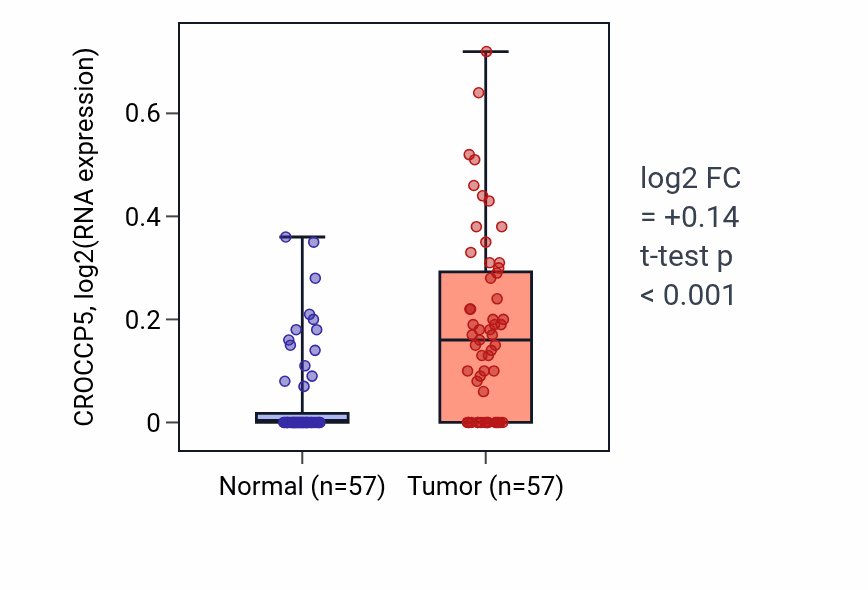 Tumor-vs-normal expression box plot for CROCCP5 in LUAD.